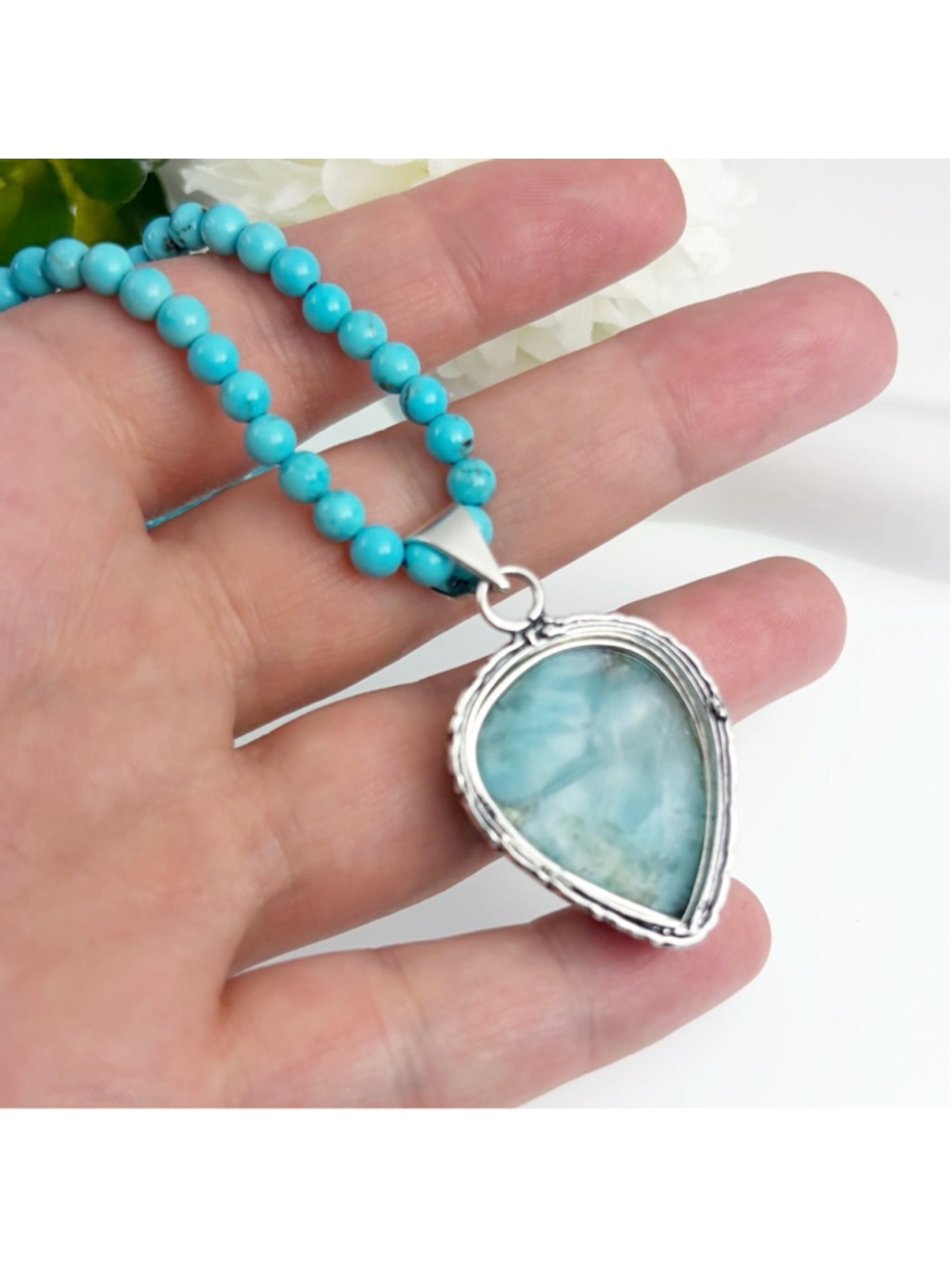 Jewelry Set Lot Blue Larimar Pendant Turquoise Chain 925 Sterling Silver Overlay - Picture 5 of 9